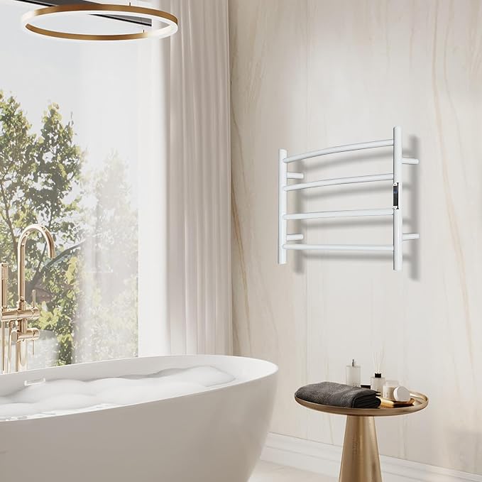 Towel Warmer with Built-in Timer Bathroom Wall Mounted Bath Towel Heater Plug-in Electric Heated Towel Rack Stainless Steel Curved Round Oil Rubbed Drying Rack 16.54x23.62x5.51 inches White