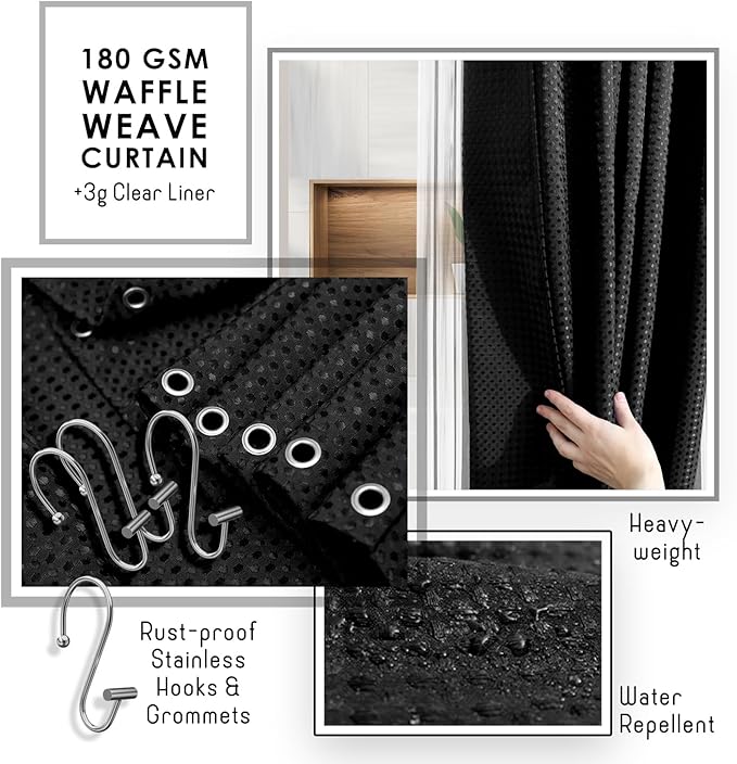 Clara Clark Bathroom Accessories Set - 27PC Bathroom Set with Adhesive Corner Shower Caddy Hanging, Bathroom Sets with Shower Curtain and Rugs, Ombre Black Shower Curtain Set with Bathroom Trash Can