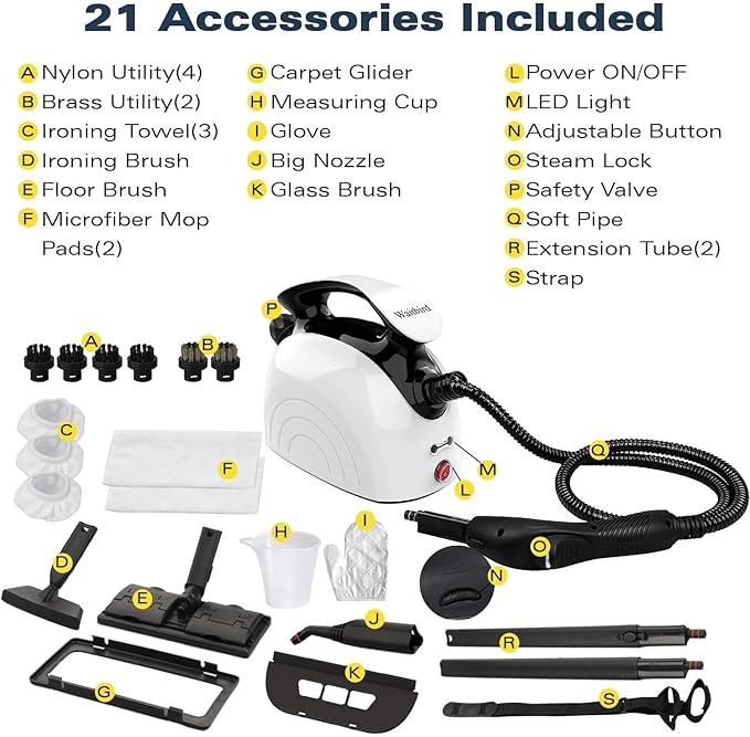 Waitbird Steam Cleaner, Steam Cleaner For Home, Handheld Steamer For Cleaning With 21 Accessories, 248 °F High Temperature, Suitable for Grout, Floor. Sofas, Upholstery, White