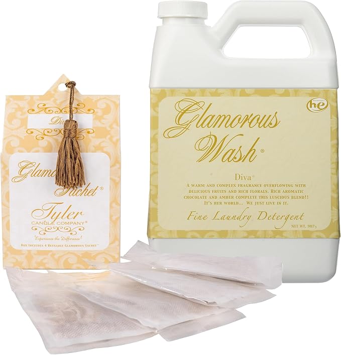 Elanze Designs Tyler Candle DIVA - Glam Wash - 32 Ounce Liquid Laundry Detergent and Scented Sachet Bundle