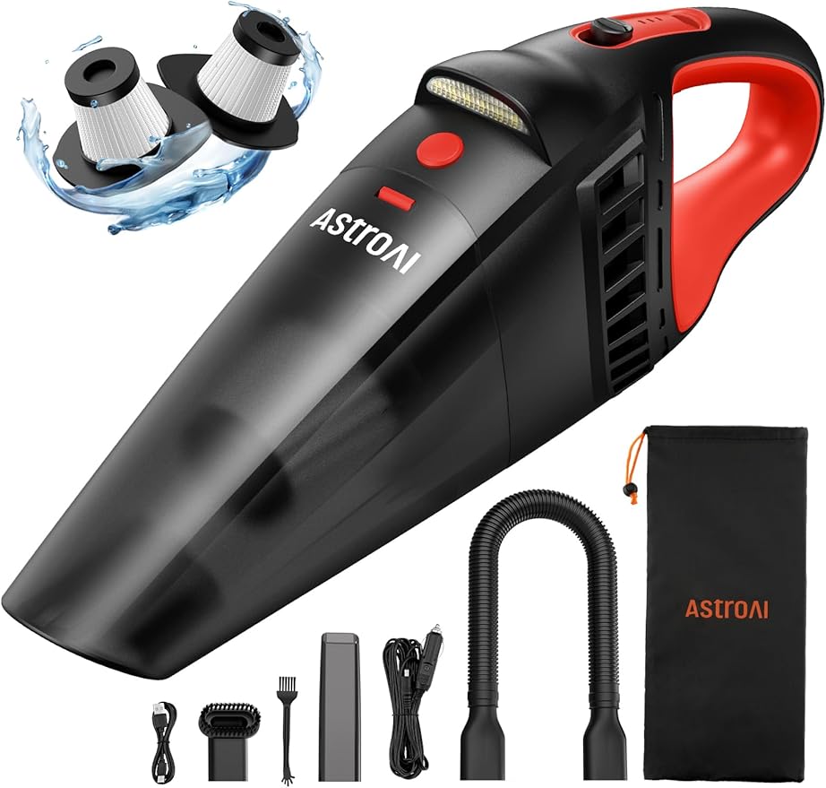 AstroAI Handheld Car Vacuum Cordless with Accessories, Portable Vacuum Cleaner with 12V DC Power and AC to DC Converter 10A/110V to12V Converter and 12Ft/12V Cigarette Lighter Extension Cord