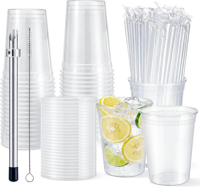 50 Set Lemonade Stand Supplies with Leak-proof 32oz Plastic Cups & Lids, Straws, Straw Hole Puncher - for Outdoor Drink Stall, Summer Party & Fast Food Business, Concession Business