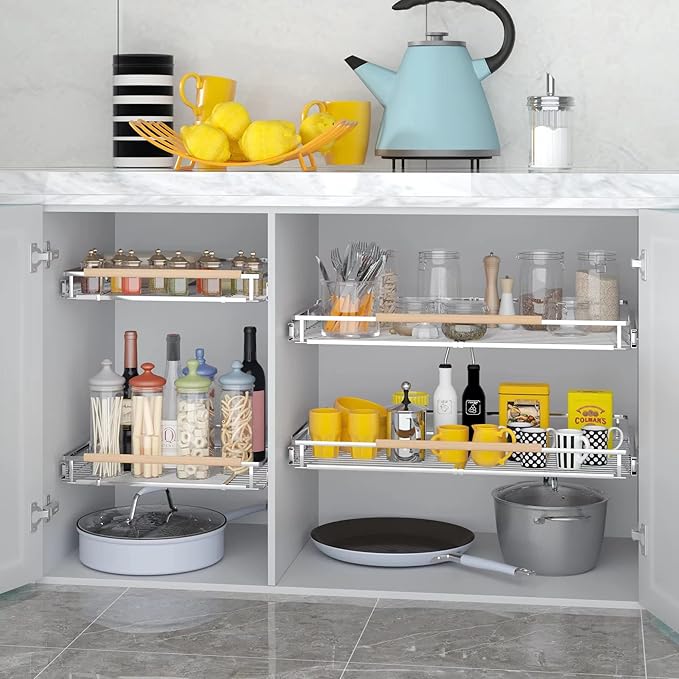 Pull Out Cabinet Organizer, 23~39.8"W x 22.5"D Expandable Pull Out Shelves for Kitchen Cabinets, Heavy Duty Metal Slide Out Pantry Shelves Sliding Shelf for Home Kitchen,Under Sink,Bathroom,Wardrobe