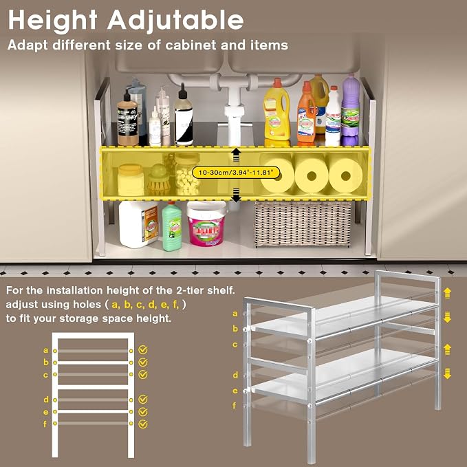 Expandable Under Sink Organizer and Storage, 2-Tier Height Adjustable Under Cabinet Organizer Shelf with 8 Removable Panels for Bathroom Kitchen Multi-Purpose Storage (8 Panels)