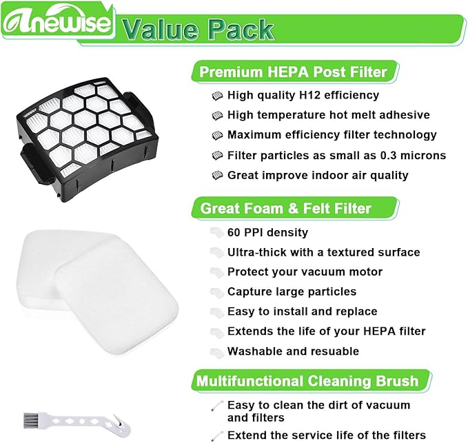 Anewise UV850 Filter Replacement for Shark Performance Lift Away UV850 UV900 Detect UV950 LA492 DuoClean Upright Vacuum, 2 HEPA Filters and 4 Foam & Felt Filters, Compare to Part #XHF320 & XFFK602UKT