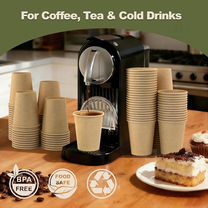 8 oz 200 Pack Disposable Coffee Cups, Bulk Brown Disposable Paper Cups, Coffee Cups for Hot Tea, Chocolate and Cold Drinks