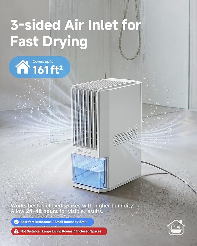 EasyAcc 2000ML Bathroom Dehumidifier, 45 oz/Day Lager Dehumidifier for Bathroom, Quiet Moisture Control Lager Dehumidifier for Home, Auto Shut-Off, 68 oz Tank, 7 LED Light for Closet RV