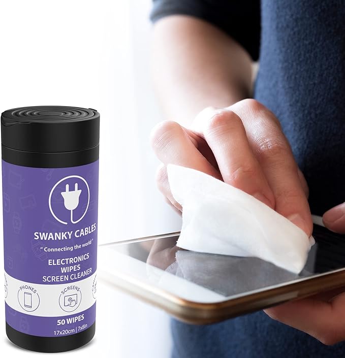 Swanky Cables Electronic Cleaning Wipes - Computer, TV, Monitor, Phone, Laptop, Tablet, Keyboard, Camera & Lens Cleaner, Portable Tech Screen Cleaner - With Microfiber Cloth - Canister, 150 Count