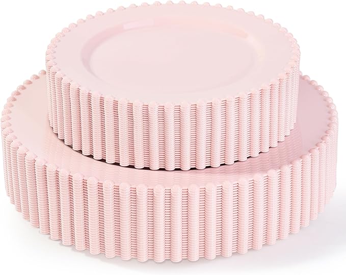 60PCS Pink Plastic Plates - Fancy Disposable Beaded Pink Plates Include 30 Dinner Plate 10’’ & 30 Dessert Disposable Plate 7’’ for Birthday, Baby Shower Spring, Wedding, Party & Mother's Day