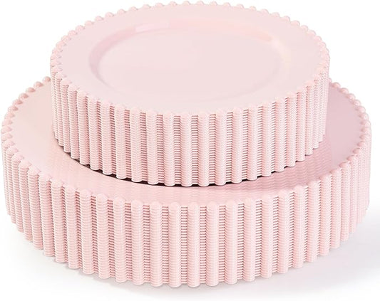 60PCS Pink Plastic Plates - Fancy Disposable Beaded Pink Plates Include 30 Dinner Plate 10’’ & 30 Dessert Disposable Plate 7’’ for Birthday, Baby Shower Spring, Wedding, Party & Mother's Day