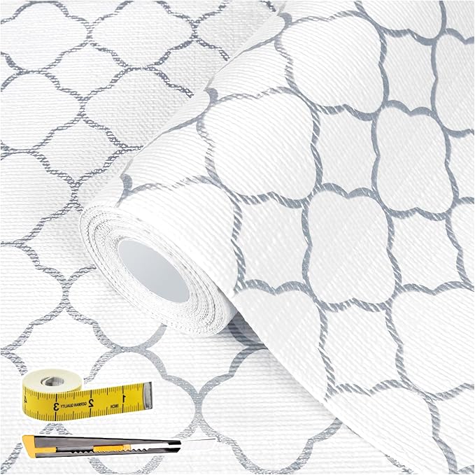 Shelf Drawer Liners for Kitchen Cabinets Non Adhesive Drawer Liner Thickened Refrigerator Liner Silver Quatrefoil Strong Non-Slip Paper for Tool Box with Knife and Tape Measure,11.8 x 236.2 Inches