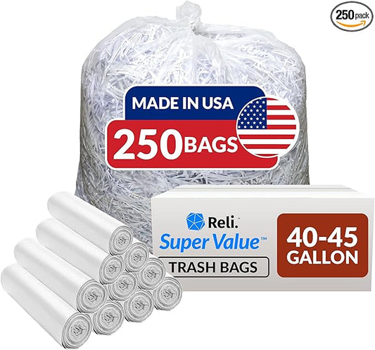 Reli. 40 to 45 Gallon Trash Bags Heavy Duty | 250 Trash Bags | Super Sizeable, Clear, Garbage for Serious Cleanup