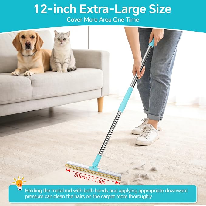 YooxArmor 3 in 1 Carpet Rake Pet Hair Remover, 3 Size Scraper Set, 55” Adjustable Handle, Reusable Lint Tool for Dog Cat Rugs Furniture Car