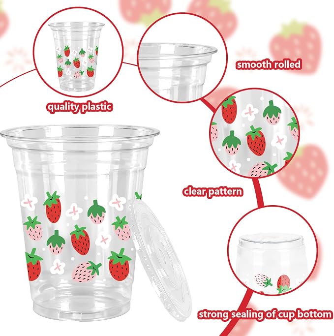 FYSUIMU 50Pcs 12Oz Strawberry Floral Plastic Cups with Lids & Straws Pink Red Strawberry Flower Clear Disposable Cups for Spring Summer Party Supplies
