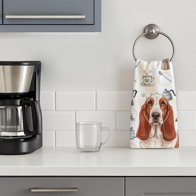 Caroline's Treasures Red and White Basset Hound Coffee Bar Kitchen Towel Velour Plush Front and Cotton Loop Back Machine Washable