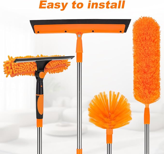Cobweb Duster Kit and Window Squeegee Cleaner Tool with Extension Pole: 165 Inch 4-in-1 High Ceiling Dusting and Window Cleaning Kit - Cobweb Duster and Feather Duster