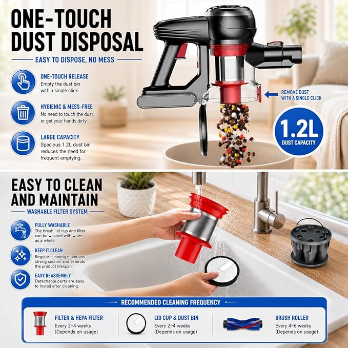 Cordless Vacuum Cleaner, 45Kpa Lightweight Stick Vacuum with Powerful Suction, 45Mins Runtime, Detachable Battery, Anti-Tangle Rechargeable Vacuum for Carpets, Pet Hair, Hardwood Floors