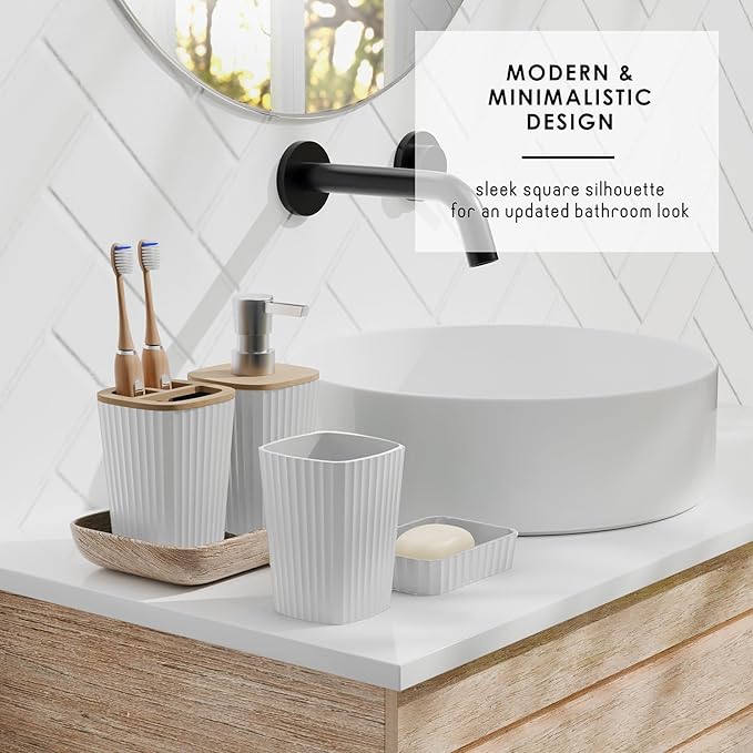 Clara Clark Bathroom Accessories Set - Bathroom Set, Bathroom Accessory Set, Shower Curtain Set, Toilet Brush, Trash Can & Soap Dispenser - White - 20PC