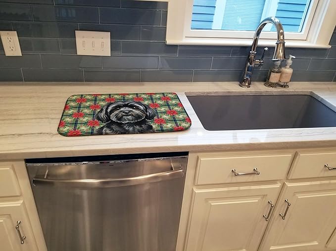 Caroline's Treasures Black Lhasa Apso Christmas PoinsettIas Dish Drying Mat Absorbent Dish Drying Mat Pad for Kitchen Counter Dish Drainer Mat for Countertop, 14 x 21", Multicolor