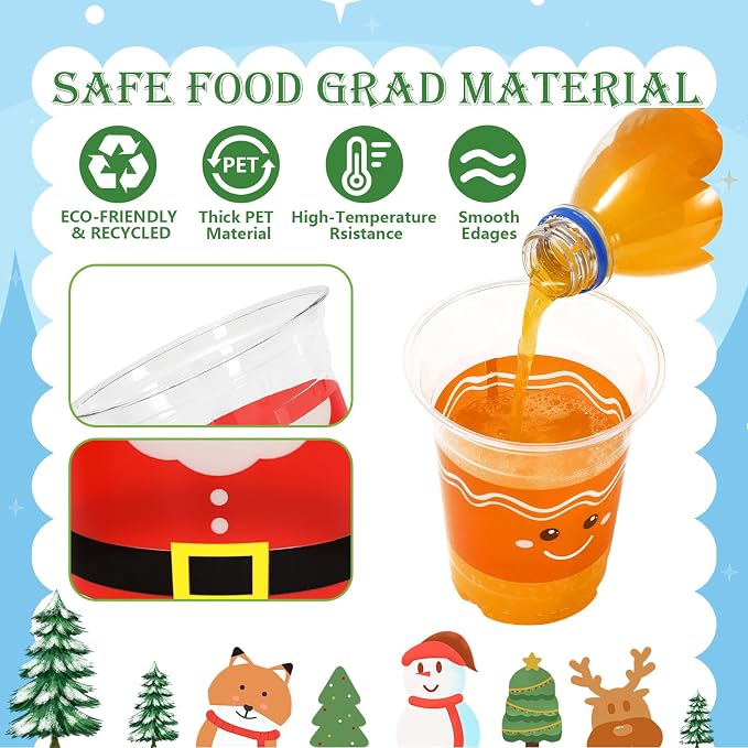 JarThenaAMCS 100Pcs Christmas Disposable Plastic Cups Santa Elf Snowman Gingerbread Man Cold Beverage Drinking Cups for Xmas Holiday Party Supplies, 12 oz