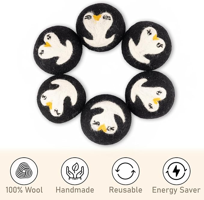 Wool Dryer Balls – Penguin Design Dryer Balls Laundry Reusable – Natural Fabric Softener – 100% Pure New Zealand Wool – Handcrafted in Nepal – 6 Pack Laundry Balls for Dryer