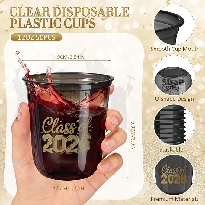 Potchen 50pcs Graduation Cups Class of 2026 12oz Clear Plastic Graduation Party Cups for 2026 Celebration Party Supplies Congrats Grad Tableware Decoration(Black Yellow)