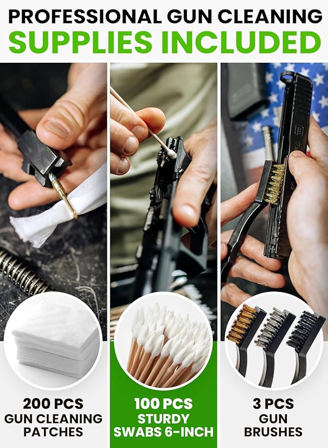 Universal Gun Cleaning Kit for All Guns - Portable Gun Cleaning Kits for Handguns and Rifles, Shotgun, Airsoft - Incl. Stainless Steel Rods, Brass Jags, Gun Cleaning Patches, Cleaning Swabs