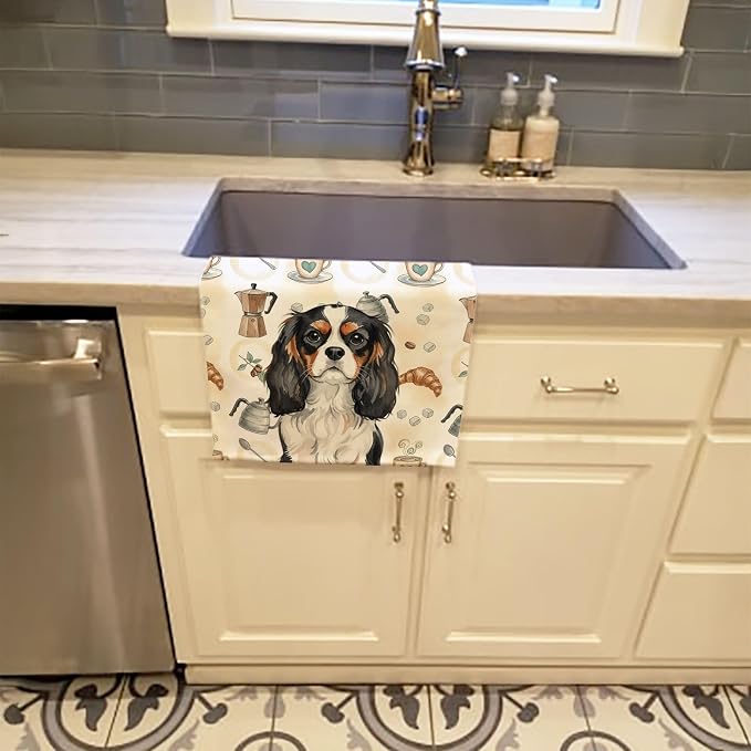 Caroline's Treasures Tricolor Cavalier Spaniel Coffee Bar Kitchen Towel Velour Plush Front and Cotton Loop Back Machine Washable