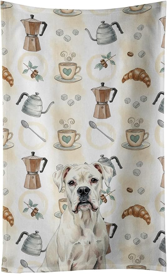 Caroline's Treasures White Boxer Coffee Bar Kitchen Towel Velour Plush Front and Cotton Loop Back Machine Washable