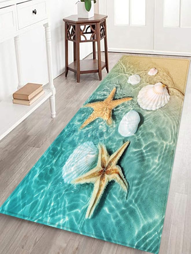WODEJIA Bathroom Anti-Slip Foam Carpet,Durable Flannel Mat 3D Print Rug for Living Room, Absorbent Water Clearance MatS for Forlaundry Room and Kitchen, Beach Starfish Scallop Carpt 47x18 inches