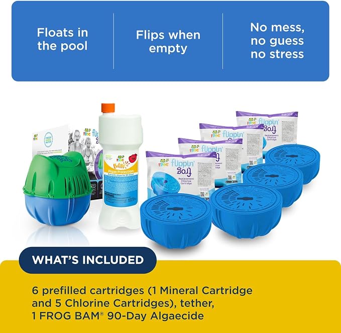 Flippin’ FROG Floating Sanitizer System for Pools 2,000 to 5,000 Gallons - Prefilled Floater with Sanitizing Minerals and Chlorine for Easy Pool Treatment & Maintenance - 4 Month Bundle+