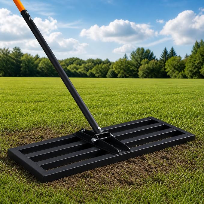 6.5FT Lawn Leveling Tool 30"x10", Heavy Duty Leveling Rake 30 inch for Backyard Leveling Kit, Stainless Steel Yard Rake for Soil, Sand & Gravel with Work Gloves & Hooks, Black