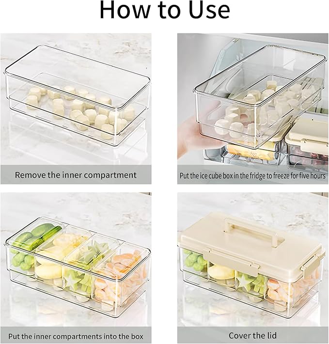 2Pack Chilled Condiment Caddy with 4 Containers 4 Lids Fruit Serving Tray Platter with Handle Portable Snackle Box Organizer Server with Ice Pack for Mimosa Bar Supplies,Salad,Taco,Party Garnish,Beige