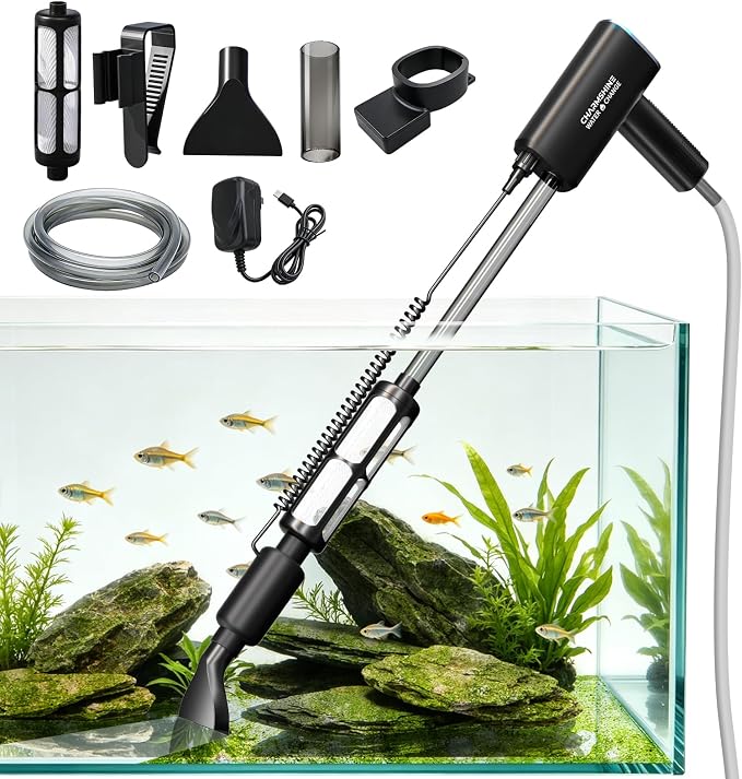 Cordless Gravel Vacuum Aquarium Cleaner,6-in-1 Automatic Fish Tank Cleaning Tools 2600mah Rechargeable Fish Tank Vacuum for 5-10 Gallon Small Tanks Change Water Wash Sand(10w)