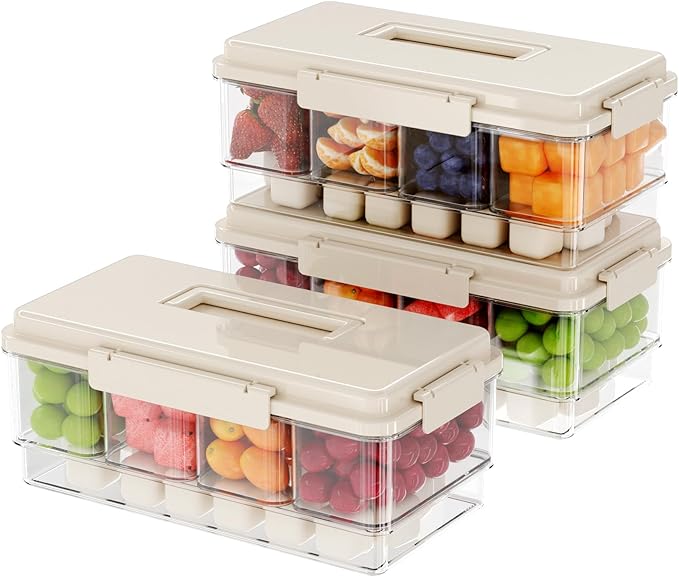 3Pack Chilled Condiment Caddy with 4 Containers 4 Lids Fruit Serving Tray Platter with Handle Portable Snackle Box Organizer Server with Ice Pack for Mimosa Bar Supplies,Salad,Taco,Party Garnish,Beige