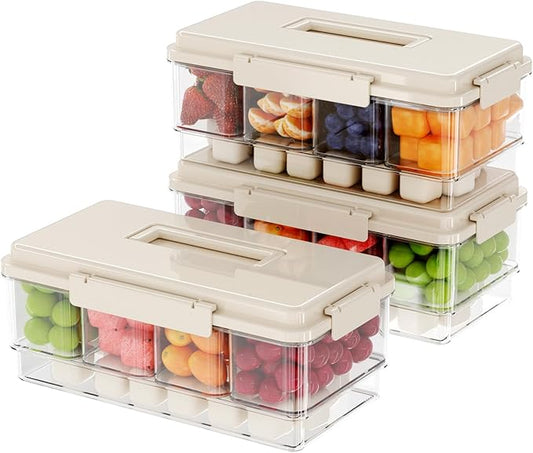 3Pack Chilled Condiment Caddy with 4 Containers 4 Lids Fruit Serving Tray Platter with Handle Portable Snackle Box Organizer Server with Ice Pack for Mimosa Bar Supplies,Salad,Taco,Party Garnish,Beige