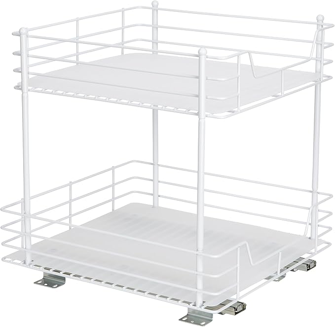 Household Essentials 2-Tier Sliding Pantry Organizer, 16.73" H x 15.35" W x 16.14" D, Strong Powder-Coated Steel Frame, Durable and Versatile, Easy Installation, Mounting Hardware Included, White