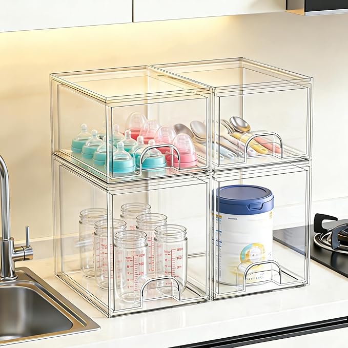 TOOGE Stackable Baby Bottle Organizer: Acrylic Bottle Organizer Baby Storage Drawers Clear Bottle Station Organization for Countertop Cabinet Vanity with 4 in 1 Cup Lid Cleaning Brush & Label - Tall