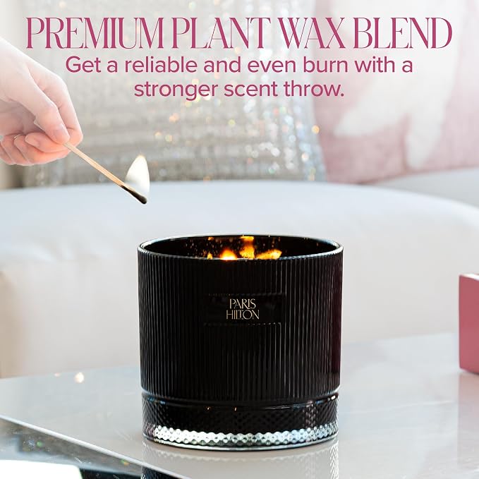 Paris Hilton Pink Spritz Scented Candle, Black Ribbed Glass Vessel with Faceted Diamond Detail, Premium Plant Wax Blend, 4-Wicks, 40-Ounce