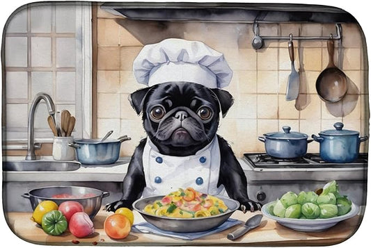 Caroline's Treasures DAC6310DDM Pug The Chef Dish Drying Mat Absorbent Dish Drying Mat Pad for Kitchen Counter Dish Drainer Mat for Countertop, 14 x 21", Multicolor