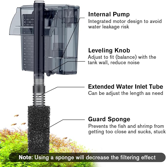 hygger Aquarium HOB Filter 105 GPH for 10-20 Gallon Fish Tank Power Filter with Adjustable Water Flow Extendable Intake Tube External Hang-On Back