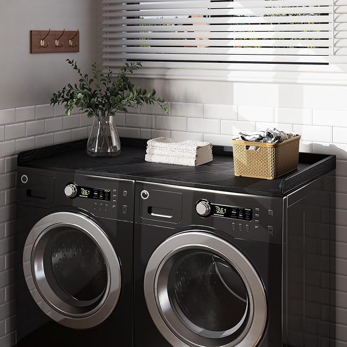 Fivesun Washer Dryer Countertop, 27.5" x 54“ Wood Washer and Dryer Countertop with Edge Rails for Laundry Room Organization and Storage, Black