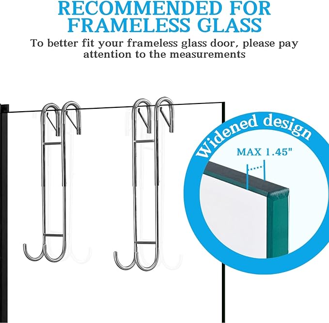 Shower Door Towel Hooks - 9"~13" Length Adjustable Hook for Frameless Over The Door Glass, Squeegee Holder, Towel Hanger for Bath Suits Rozer Robes Loofahs Shavers, Stainless Steel, 2-Pack, Silver