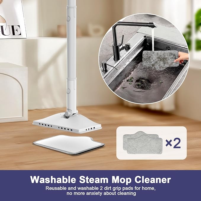 6-in-1 Steam Mop, 1200W Rotated Steam Cleaner for Home, 2 Modes, 400ML Removable Tank, 23FT Power Cord, 2 Pads, Multi-Surface Steamer for Hard Floor, Laminate Floor, Tiles Cleaning (White Silk)