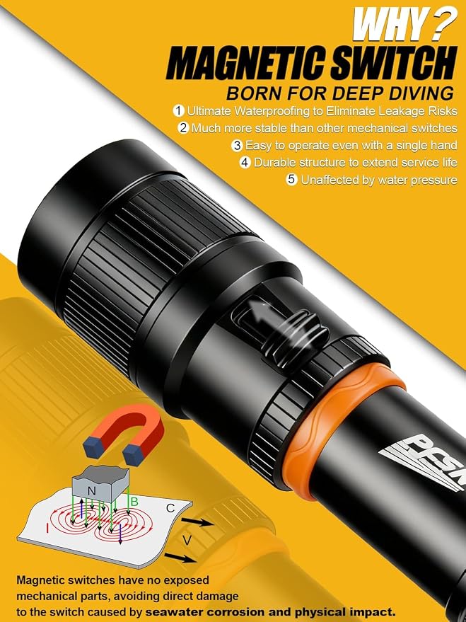 Scuba Dive Light Diving Flashlight - PFSN High Lumens Underwater Flashlight IPX68 Waterproof, Rechargeable Dive Torch, Narrow Beam Diving Lamp Best for Diver Submersible Caving, Snorkeling