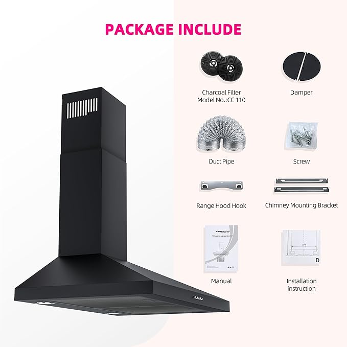 FIREGAS Black Range Hood 30 Inch, Wall Mount Kitchen Hood Ducted/Ductless Convertible, 450 CFM, 3-Speed Exhaust Fan, Stainless Steel Stove Vent for Kitchen with LED Lights, Charcoal Filters