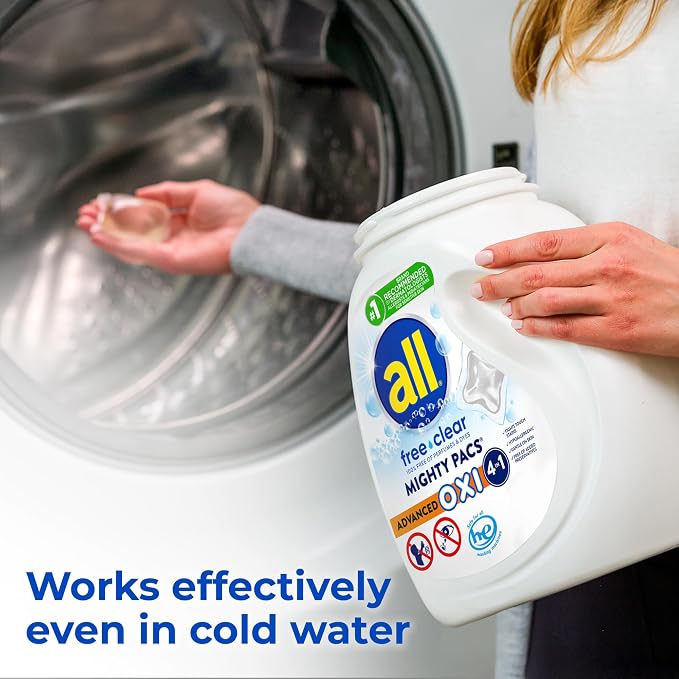 all Laundry Detergent Pacs, Mighty Pacs with OXI Stain Removers and Whiteners, Free Clear, Unscented and Dye Free, 56 Count (Pack of 4)