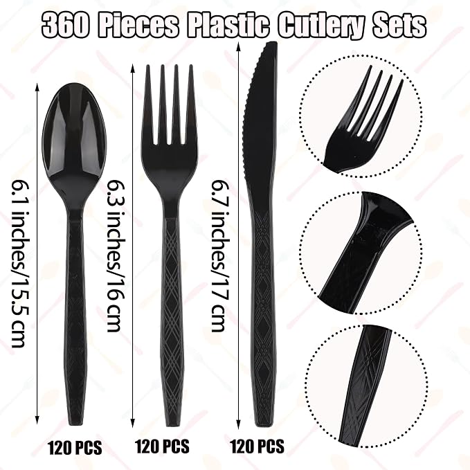 Kochorie 360 Pieces Black Plastic Cutlery Set Disposable Plastic Utensils Heavy Duty Flatware Set Includes 120 Knives 120 Forks 120 Spoons for Party Birthday