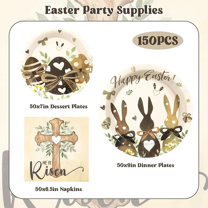 150 Pcs Happy Easter Plates and Napkins,Easter Egg Bunny Disposable Dinnerware Set for Holiday Party Supplies Table Decorations, Serves 50