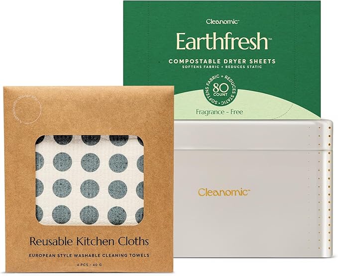CLEANOMIC Reusable Kitchen Cloth, Fabric Softener Sheets & Tablet Tin Bundle